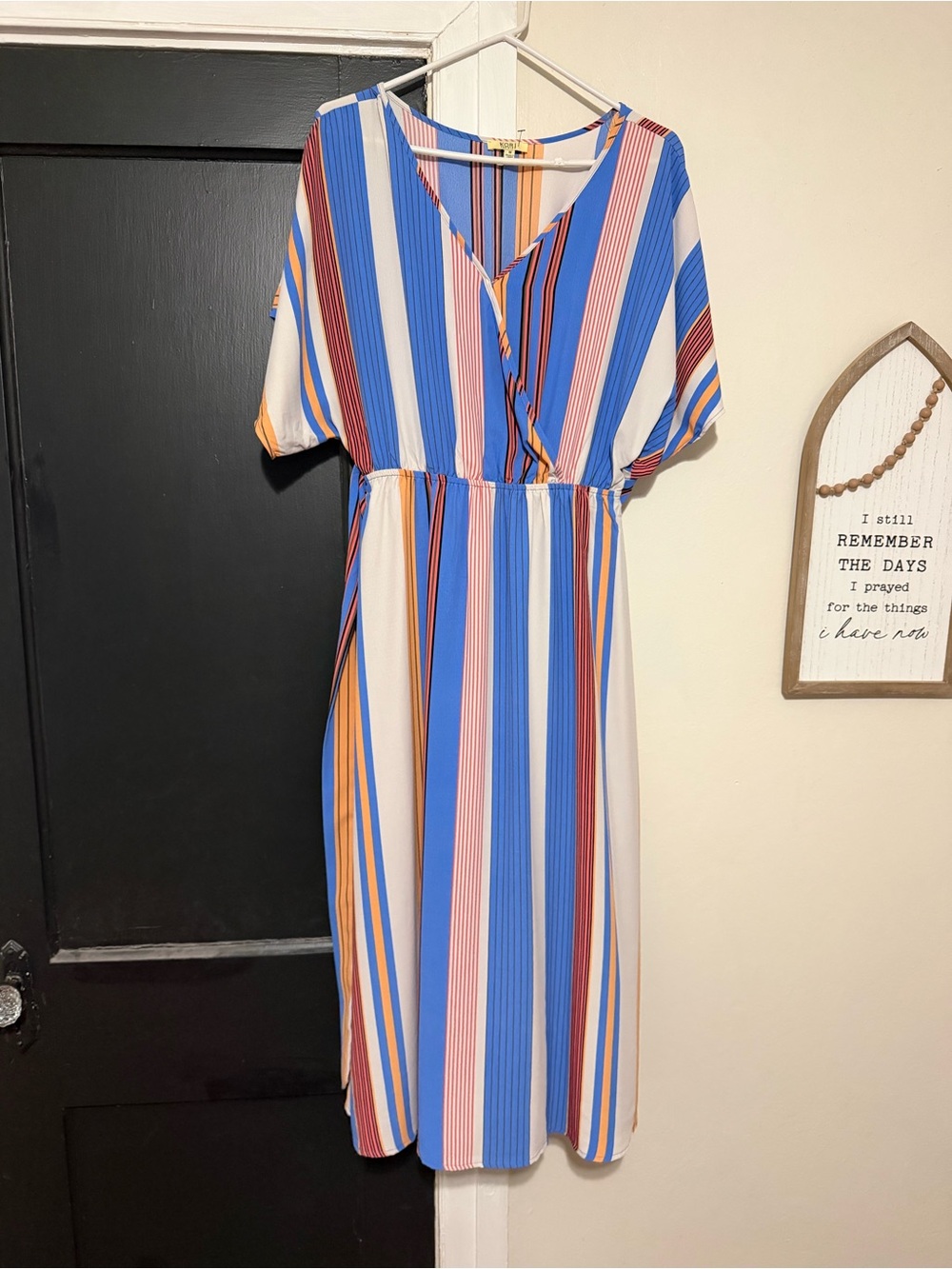 Kori Striped V-Neck Midi Dress in Blue, White, Pink & Orange